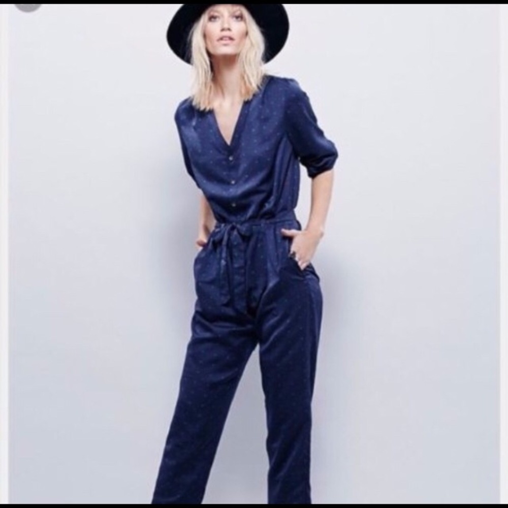 Free People Navy Polkadot  Silky Jumpsuit